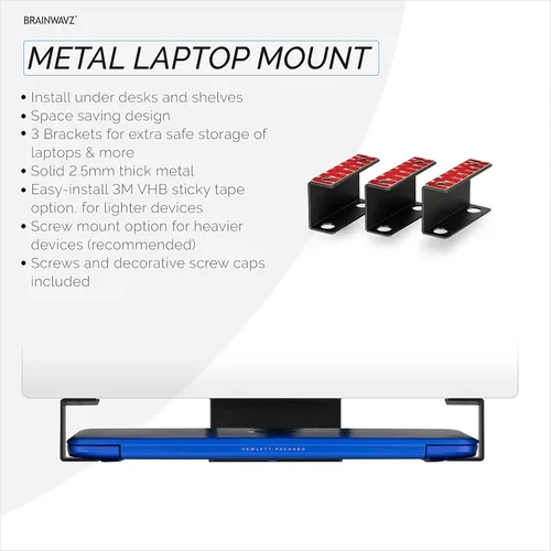 Vista 3 de Soporte para laptop debajo del escritorio para escritorio, adhesivo y atornillado, dispositivos de hasta 1.5 pulgadas de grosor como Macbooks