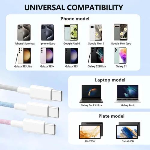 Vista 2 de Cable Carplay de coche para iPhone 17, cable de carga rápida, paquete de 3 unidades de 6 pies 60 W, USB A a USB C, multicolor, cable trenzado