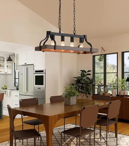 Vista 2 de MEIXISUE Lámpara rústica para isla de cocina, comedor, candelabro lineal estilo granja, acabado negro y madera retro, 4 luces, lámpara colgante