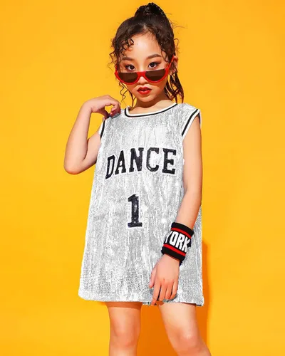 Vista 8 de LOLANTA Ropa de baile Hip Hop para niñas, vestido de lentejuelas para niños, camiseta larga sin mangas, camiseta de animadora de jazz