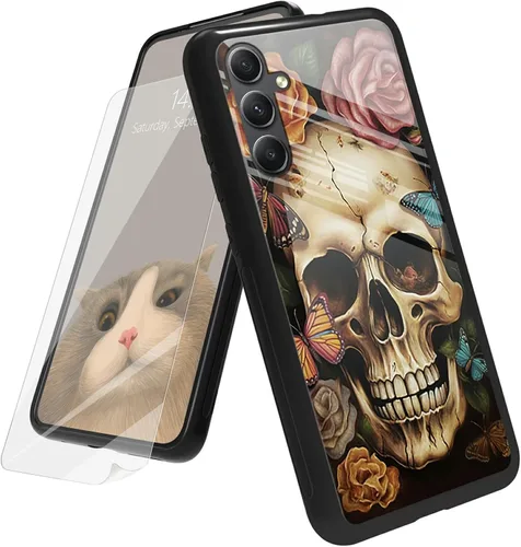 Vista 91 de Funda para Samsung Galaxy A12 5G con protector de pantalla, parte trasera de vidrio templado + TPU de silicona suave que absorbe los golpes