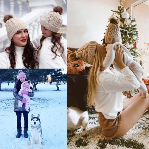Vista 6 de Gorro de punto cálido de invierno para padres e hijos, para madre e hijahijo, gorro de punto familiar