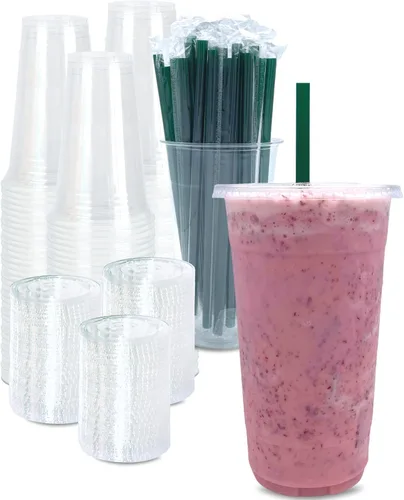 Vista 14 de [100 CONJUNTOS] Vasos de plástico transparente de 12 onzas con tapas y POPOTES, vasos desechables para café helado con tapas, vasos transparentes