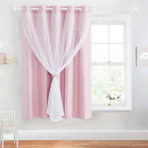 Vista 28 de NICETOWN Cortinas para Dormitorio de Niñas Infantiles con Estrellas Caladas Ventana 2 Capas Cortina 63 Pulgadas de Longitud Oscurecimiento