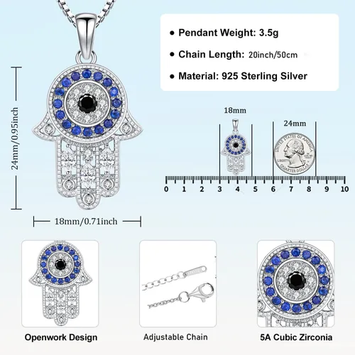 Vista 117 de Aniu Joyería de plata de ley 925 Hamsa de Fátima para mujer con circonita cúbica, viene con caja de regalo negra