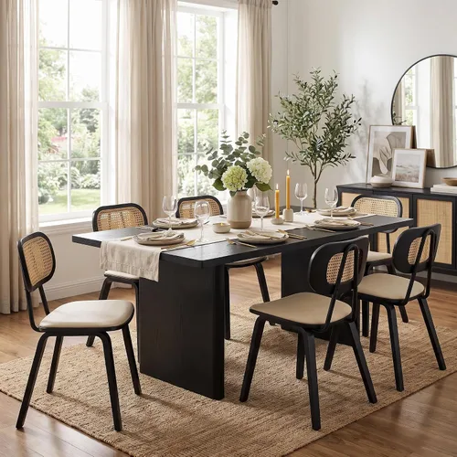 Vista 13 de Juego de 2 sillas de comedor de ratán, asiento de piel sintética Beige/Negro
