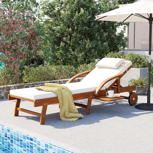 Vista 36 de Tumbona reclinable para patio al aire libre con respaldo ajustable de 5 posiciones y mesa auxiliar de madera, silla lounge para todo tipo de clima