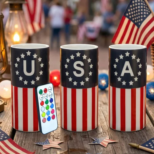 Vista 11 de Velas patrióticas del 4 de julio operadas por batería con temporizador y control remoto para decoraciones del Día de la Independencia Americana