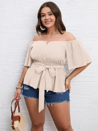 Vista 5 de SCOMCHIC Blusa peplum con hombros descubiertos para mujer, talla grande, media manga acampanada, cintura con lazo en la cintura, dobladillo