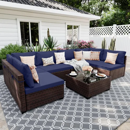 Vista 22 de UPHA Juego de muebles de mimbre para patio de 5 piezas con mesa auxiliar Cojín de ratán marrón y beige