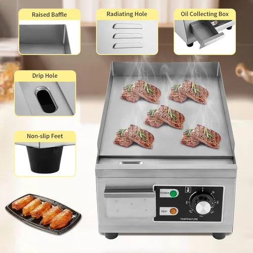 Vista 2 de Planchas comerciales – Plancha eléctrica antiadherente con parte superior plana para parrilla grande, placa caliente de acero inoxidable, ajuste