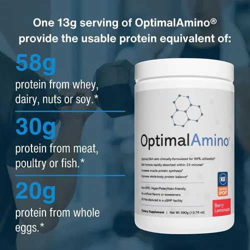Vista 5 de OptimalAmino® Mejor Bebida de Recuperación Pre/Post Entrenamiento, Suplemento de Aminoácidos Esenciales con 99% de Utilización, Certificado NSF