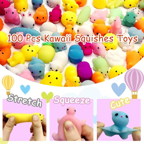 Vista 2 de LENYOQIN 100 Juguetes Squishy Mochi Kawaii, Juguetes Blandos para Niños para Recuerdos de Fiesta, Mini Juguetes para Alivio del Estrés Sensorial