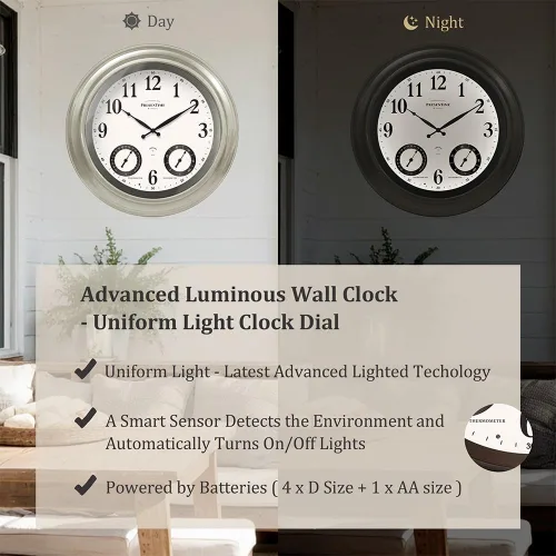 Vista 3 de Presentime & Co Jameson Reloj iluminado para interior/exterior de 24 pulgadas, casa de campo moderna, autoiluminado, impermeable, estación