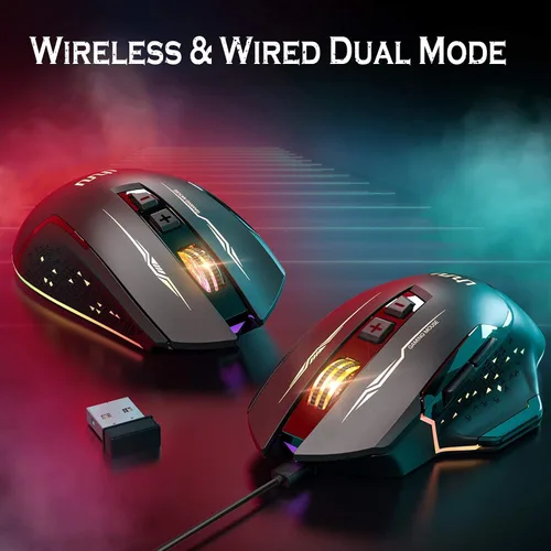 Vista 2 de UHURU Mouse inalámbrico para juegos, con cable e inalámbrico, doble modos, recargable RGB con 7 botones programables, ergonómico y 5 niveles de DPI