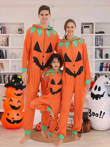 Vista 2 de Pijama familiar de Halloween para disfraz de calabaza para adultos, pijamas a juego para parejas y niños