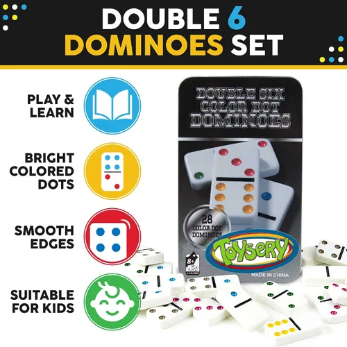 Vista 2 de Toysery Juego de dominó doble de 6 con puntos de colores. Juego de 28 piezas de dominó blancos para niños con estuche de estaño. Juego educativo