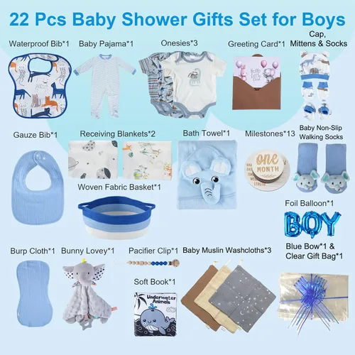 Vista 3 de Juego de 22 cestas de regalo para bebé, regalos de baby shower de 0 a 12 meses Premium Baby Shower Gifts for Boys: Newborn Essentials Set in Woven