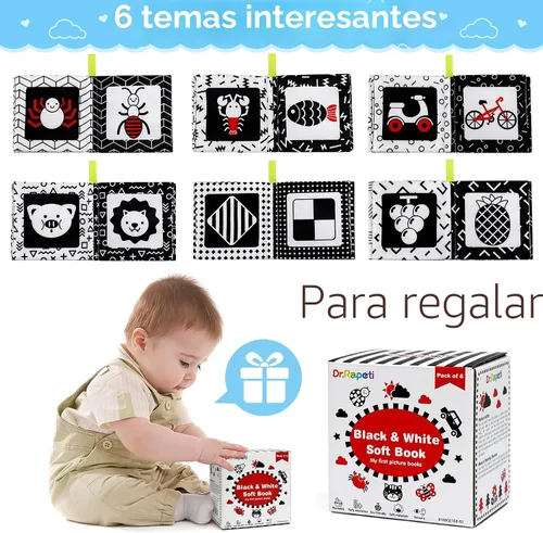 Vista 6 de Dr.Rapeti Libros de tela suave para bebés, libros de baño, paquete de 6 para bebés, niños pequeños, de alto contraste, blanco y negro, arrugado