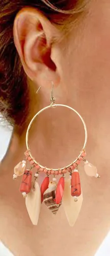 Vista 2 de Touchstone Fresh Bollywood Brass Wire Hoop Shell Glass Beads Hangings Designer Fashion Jewelry Earrings In Antique Gold Tone For Women.
