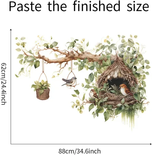 Vista 3 de Vinilo decorativo de nido de pájaro y rama de árbol, adhesivo decorativo de vinilo para pared de rama de árbol grande con diseño de cesta colgante