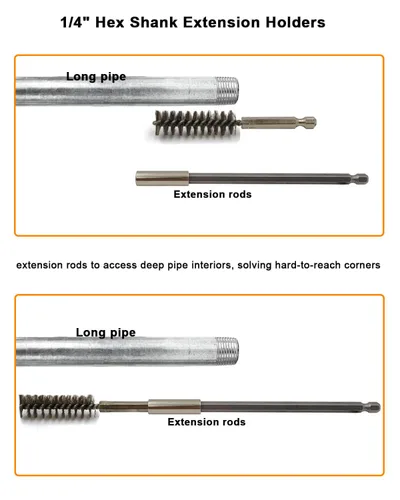Vista 4 de Cepillo de alambre de acero inoxidable para taladro, accesorio redondo largo para limpiar el óxido 10Pcs Stainless Steel & Brass Wire Brush Set 8