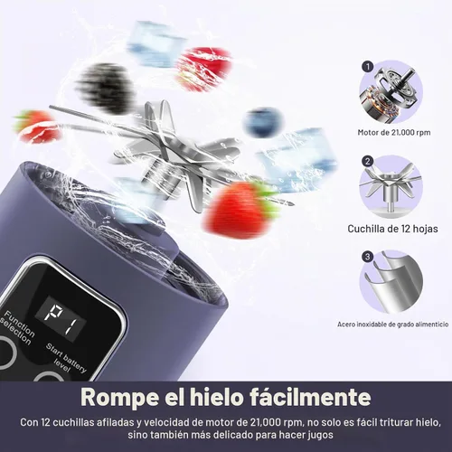 Vista 5 de Batidora portátil para batidos, 500ML USB recargable Juicer Cup (púrpura)