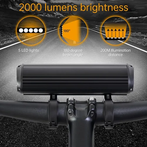 Vista 3 de Luz de bicicleta recargable por USB de 2000 lúmenes, faro de bicicleta de 10000 mAh con función de banco de energía, barra de luz frontal súper