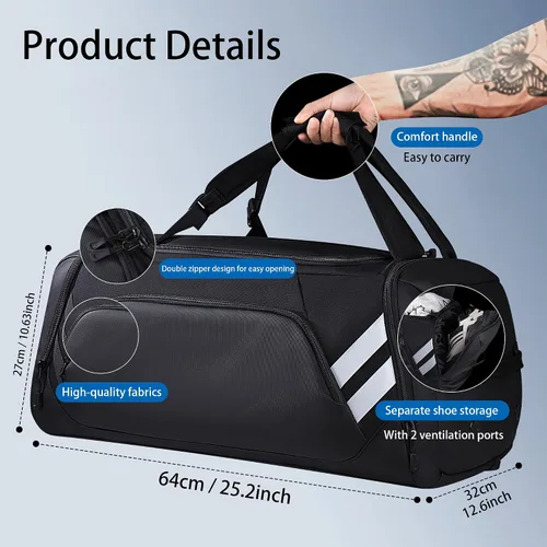 Vista 2 de Bolsa de gimnasio para hombres y mujeres, bolsa de viaje grande de 58 litros con compartimento para zapatos y bolsillo húmedo, bolsa deportiva