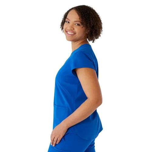 Vista 5 de ave. Camiseta médica Monroe con cuello en V y dos bolsillos para mujer, color azul real, talla S