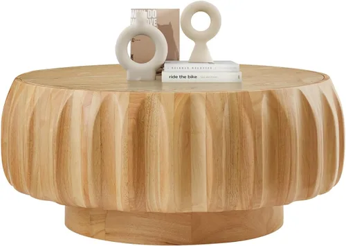 Vista 12 de Mesa de centro de tambor de 31.5 pulgadas, moderna mesa de té acanalada única, mesa de centro redonda de madera contemporánea con mesa central Negro