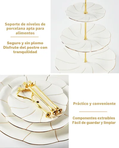 Vista 4 de DUJUST Lujo Soporte para Magdalenas de Porcelana de 3 Niveles en Forma de Torre, Bandeja de Servir de Estilo Británico con Borde Dorado, Soporte