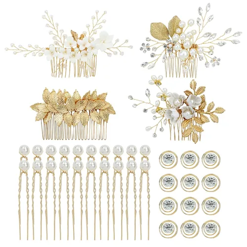 Vista 8 de inSowni 36 Pack Horquillas para el pelo de novia con flores doradas y hojas, peines laterales para el pelo de novia+pinzas para el pelo