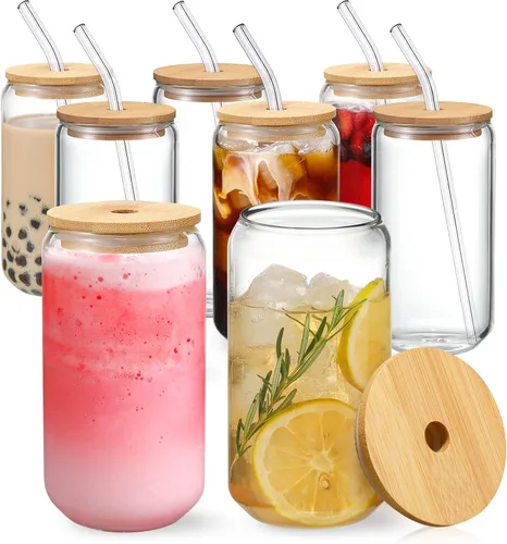 Vista 11 de NETANY Paquete de 1 Vasos de Vidrio con Tapas y Pajitas de Bambú de 16 onzas, Regalos para Mujeres, Juego de Vasos para Beber, Café Helado, Taza