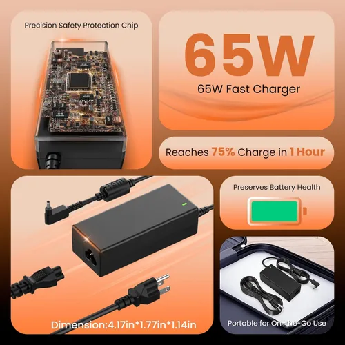 Vista 5 de Cargador para portátil de 65 W compatible con Acer Chromebook 11 13 14 15 R11 CB3 CB5 C740 C720 C738T C731 N15Q8 N15Q9 N15Q10, cable de alimentación