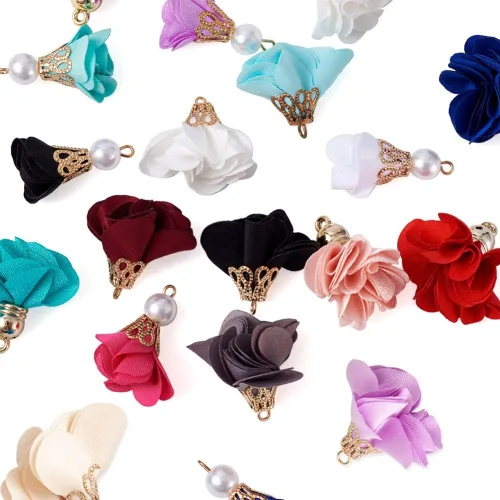 Vista 7 de Cheriswelry Colgantes de flores de tela de tela con pétalos florales con tapa dorada para aretes de bricolaje, llavero, fabricación de joyas