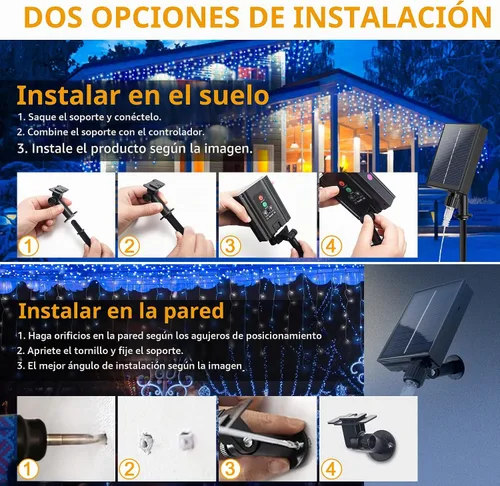 Vista 6 de Luces de carámbano de Navidad con control remoto, 300 luces LED solares para cortina Azul blanco