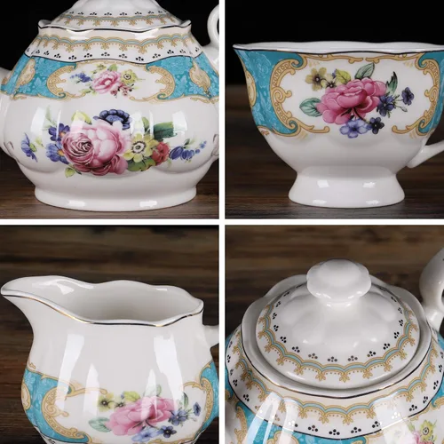 Vista 2 de fanquare Juego de té de rosa retro europeo de 15 piezas, juego de té de flora inglesa para adultos, juego de café de porcelana