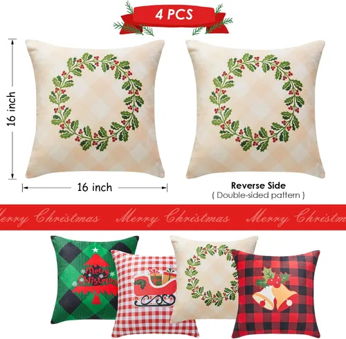 Vista 3 de YIYEA Juego de 4 fundas de almohada de terciopelo de Navidad de 16 x 16 pulgadas, fundas de almohada de terciopelo para decoraciones navideñas