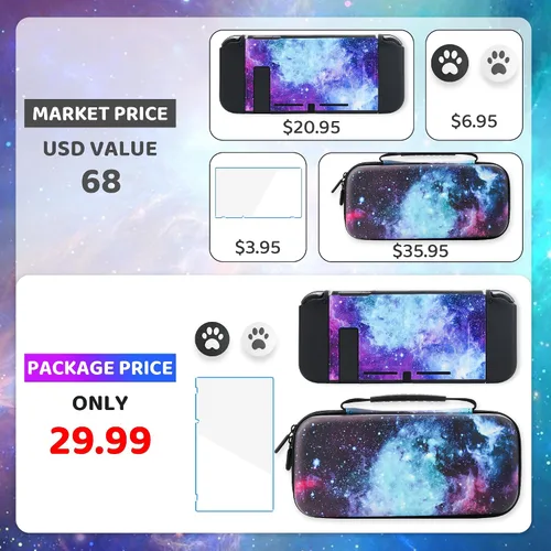 Vista 7 de Purple Carrying Case for Nintendo Switch & Accessories, Galaxy Bundle Set with Portable Switch Travel Storage, Soft TPU Protective Skin Cover