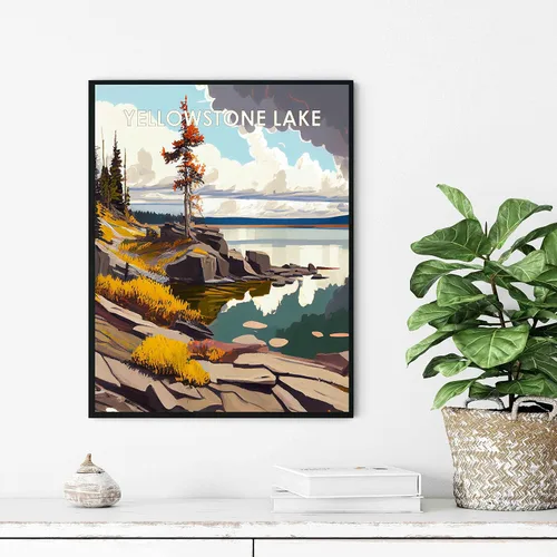 Vista 6 de Yellowstone Lake - Póster impreso artístico, ilustración, arte de pared, decoración de paisaje retro, paisaje, obra de arte para decoración de Lago