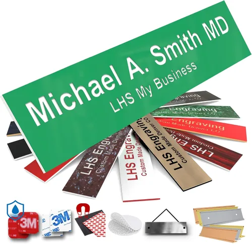 Vista 25 de Placas de identificación grabadas para letrero de puerta, placa de plástico azul claro personalizada con letras blancas, fabricadas en Estados B1