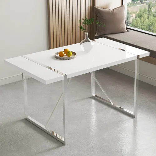 Vista 16 de Mesa de comedor Ebullient para 4, mesa de comedor rectangular negra de MDF, tapa de mesa de cena de mármol falso, mesa de comedor moderna con marco