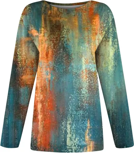 Vista 4 de Camisetas de talla grande para mujer, con estampado casual de moda, manga larga, cuello redondo, con solapa, cómodas, camisetas