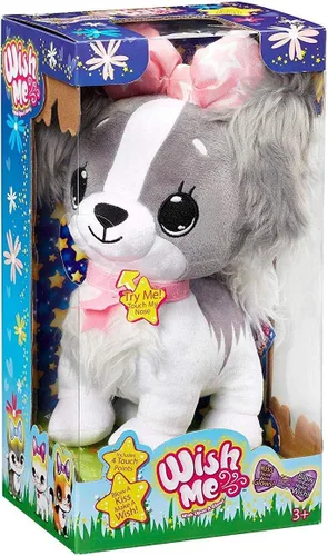 Vista 2 de Pets - Animales de peluche con luz LED, cachorro Cavalier gris esponjoso con lazo rosa