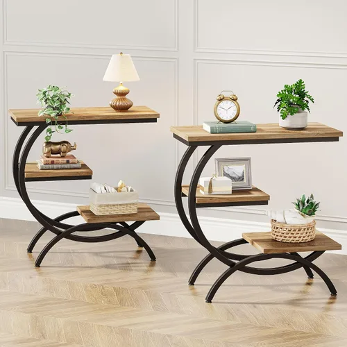 Vista 10 de Tribesigns Mesa Auxiliar en Forma de C, Mesa Auxiliar Industrial Pequeña de 3 Niveles para Sofá, Mesa de Noche de Madera Mesa Auxiliar de Aperitivos