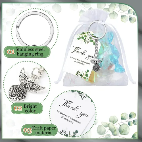 Vista 2 de Hicarer Juego de 180 piezas de regalos fúnebres de agradecimiento, 60 piezas de dijes de ángel, llavero de ángel, 60 bolsas de organza blanca, 60