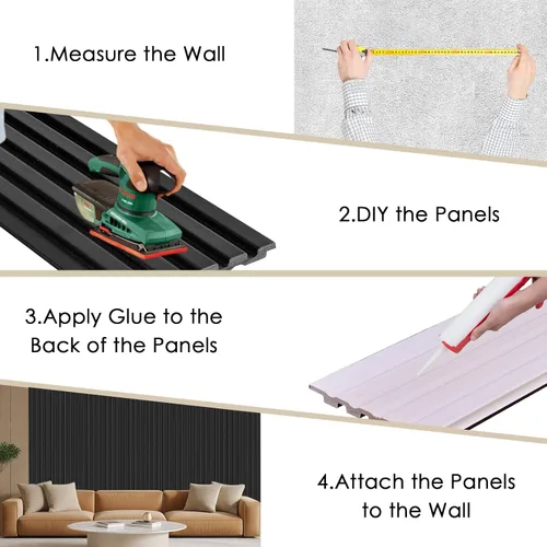 Vista 6 de Paquete de 8 paneles de pared con listones 3D, paneles de pared de madera sintética insonorizados para decoración de interiores, 47.2 x 6.3