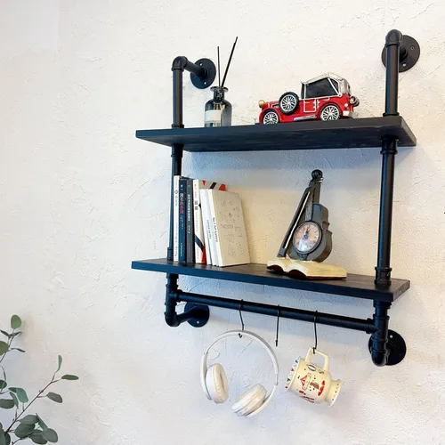 Vista 6 de ROGMARS - Estantería industrial de tuberías para baño, estantes flotantes negros de 24 pulgadas para baño con toallero y ganchos, estantes montados