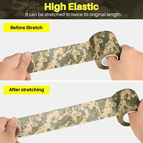 Vista 4 de Cinta envolvente autoadhesiva de camuflaje para protección de 5 cm x 4,5 m. Cinta de camuflaje discreta de tela no tejida. Vendaje elástico para ACU